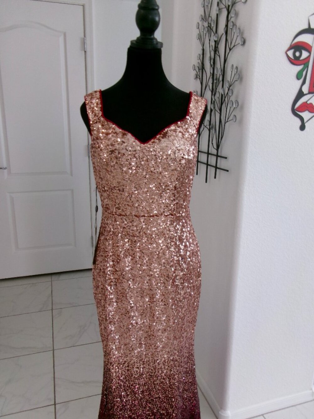 New Ever Pretty Sequin Mermaid Gown Formal Maxi Dress Gold Maroon Ombre M 6 8 10 - Picture 3 of 16